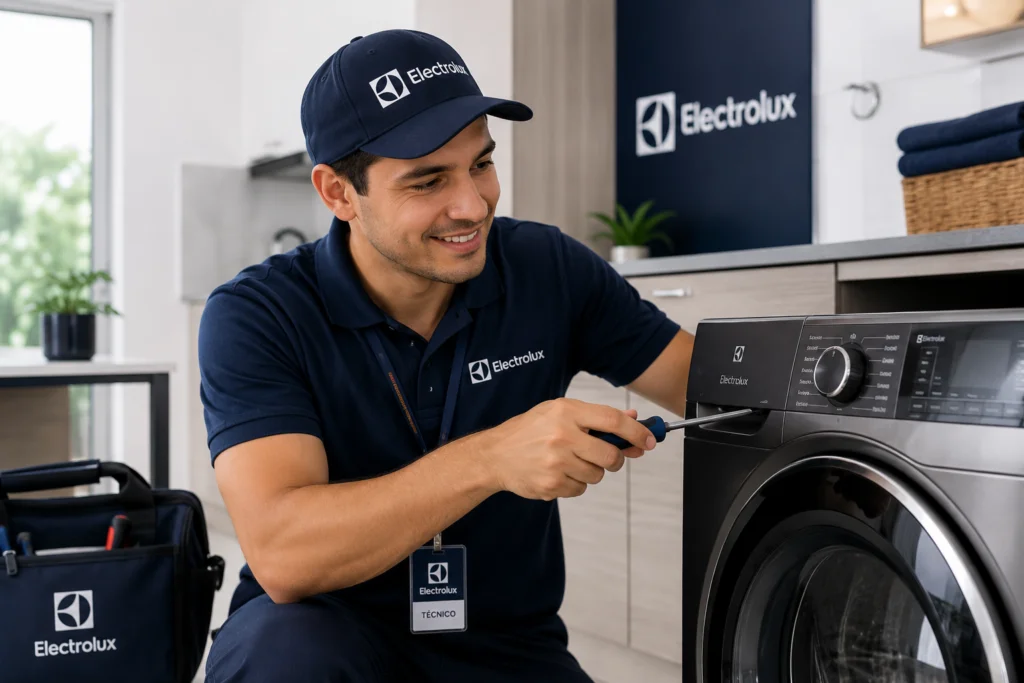 Técnico autorizado Electrolux reparando una lavadora en Costa Rica