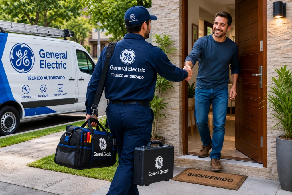 Técnico autorizado General Electric saludando a un cliente en Costa Rica