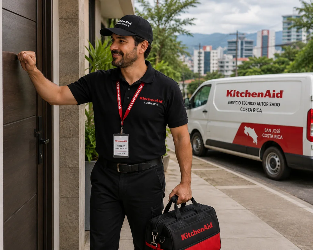 Técnico autorizado KitchenAid documentando una reparación en Costa Rica