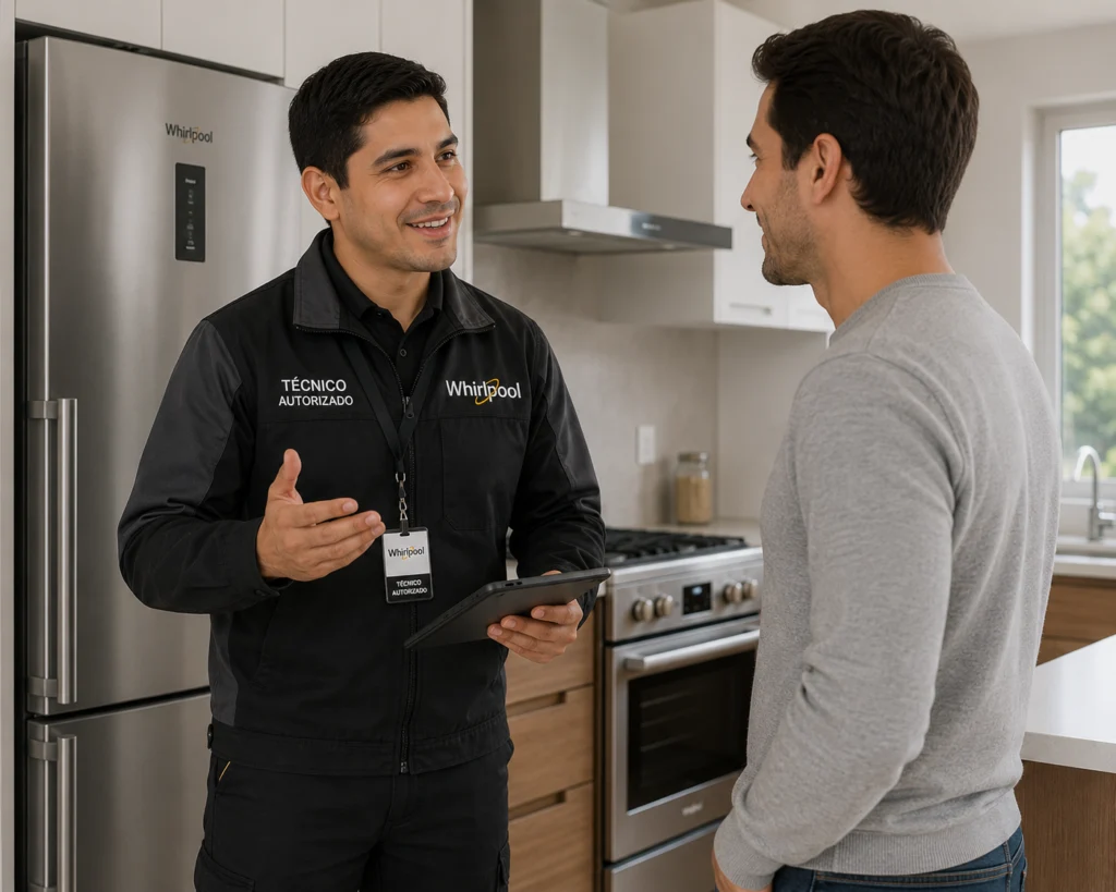 Técnico autorizado Whirlpool explicando un diagnóstico a un cliente en Costa Rica
